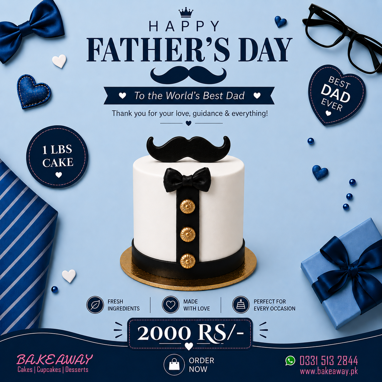 Dad's Gentleman Cake – Father's Day Special | 1 LB Cake | Bake Away Father's Day Gentleman Cake with mustache topper and bow tie design – 1 LB cake by Bake Away